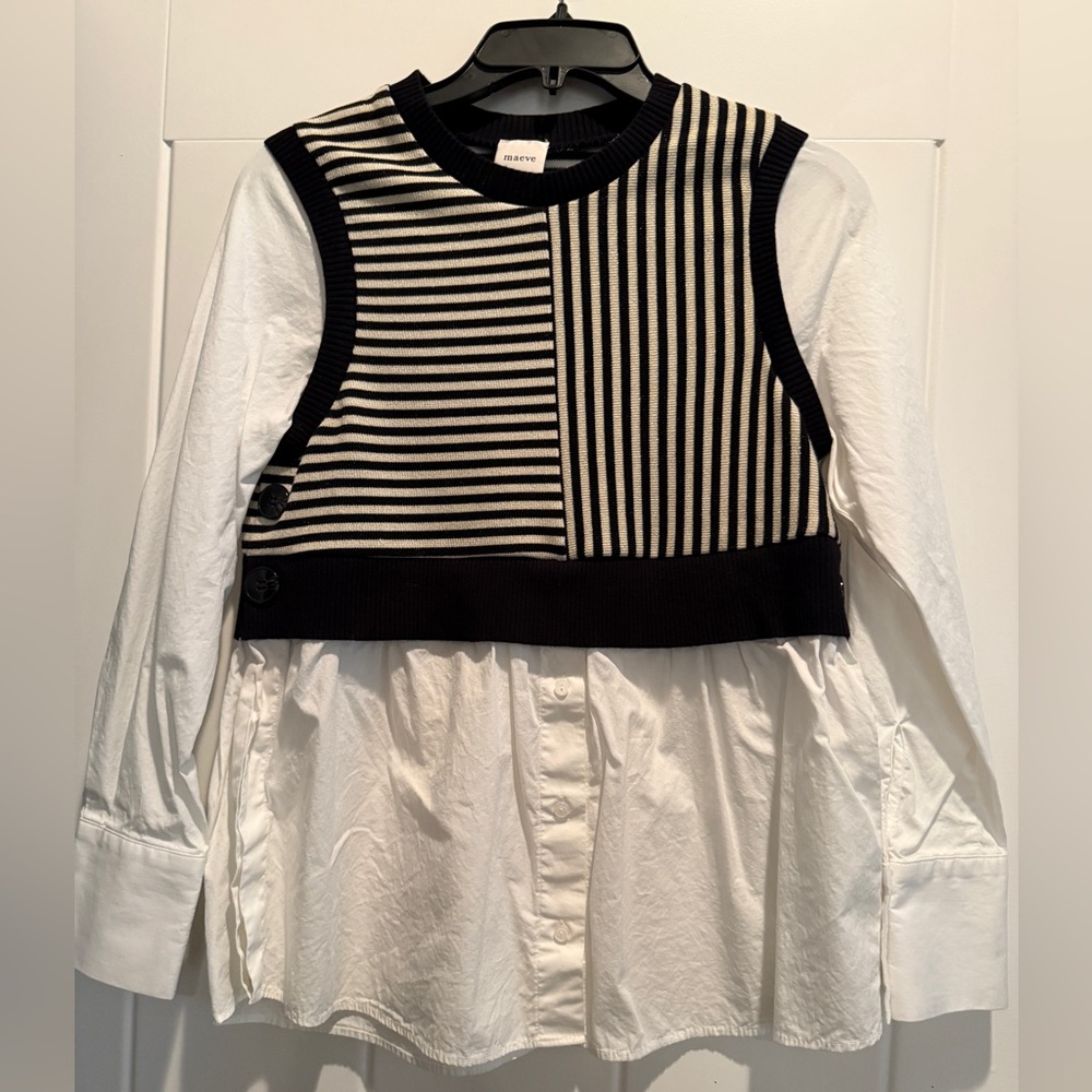 Maeve Black and White Striped Mixed Media Shirt